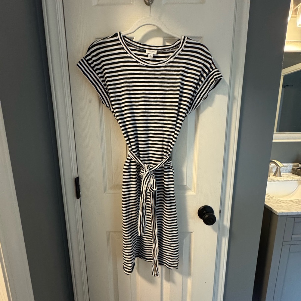 J Crew knit dress, black and white striped, size small.